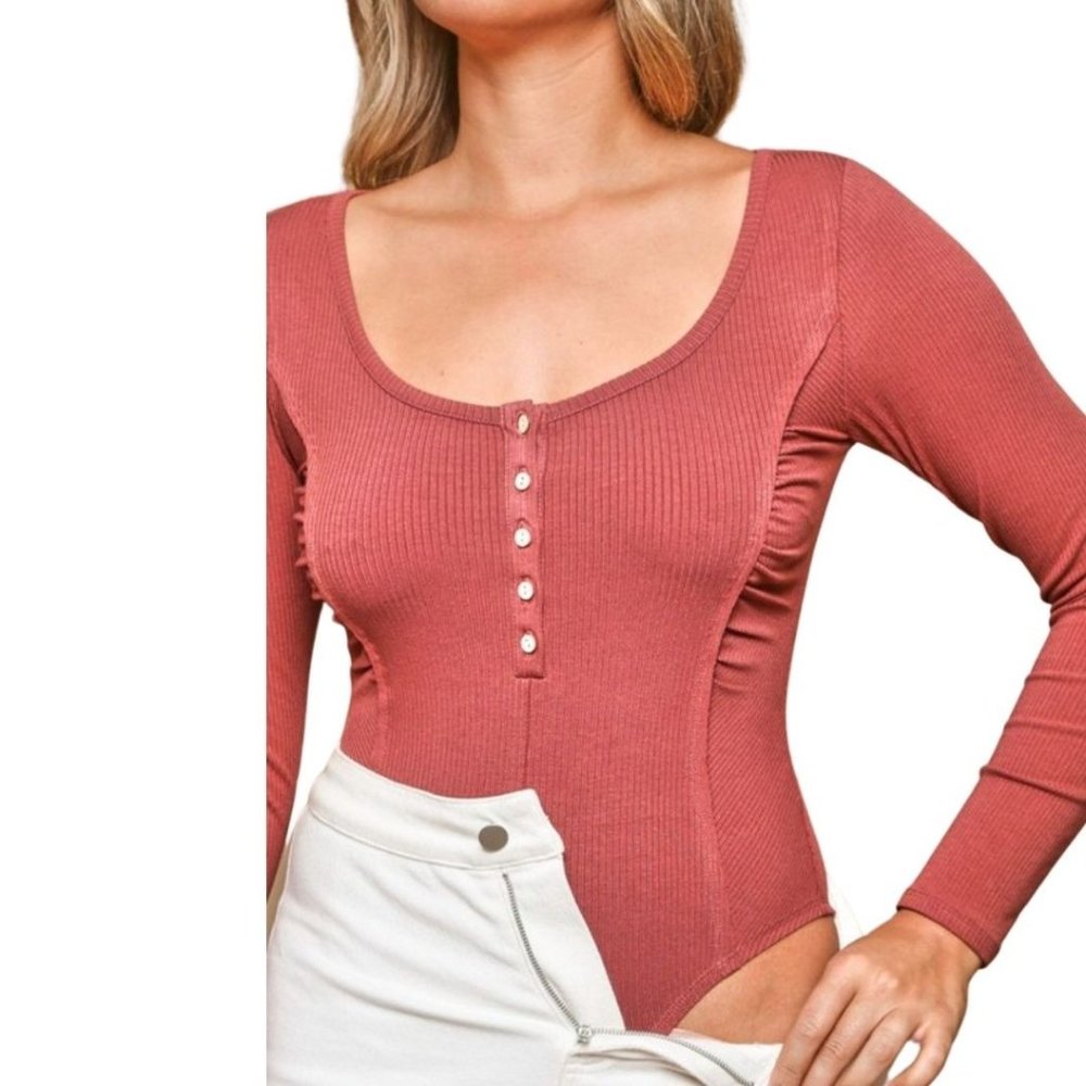 PEACH LOVE CA Ribbed Long Sleeve Terracotta Body Suit KBS84093 - Picture 3 of 8